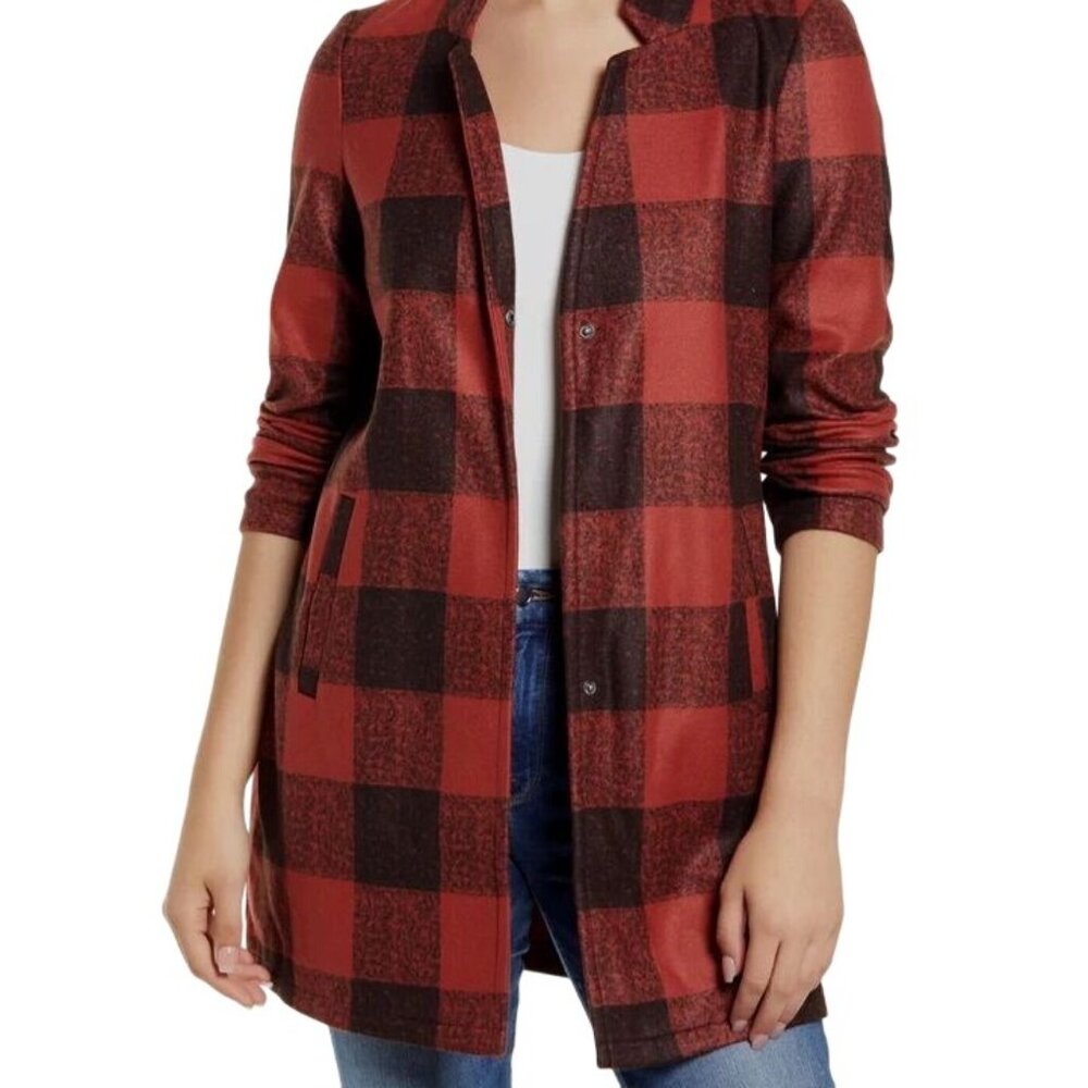 NEW VERO MODA Katrine Check Jacket in Red‎ & Black with Snap Closure, XS